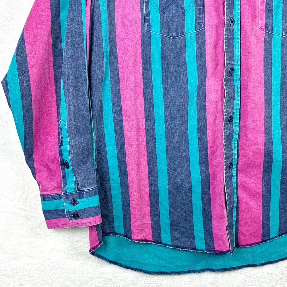 VTG Wrangler Brushpopper Shirt Men XL 17-35 Blue Pink Green Striped Cowboy USA - Picture 4 of 13